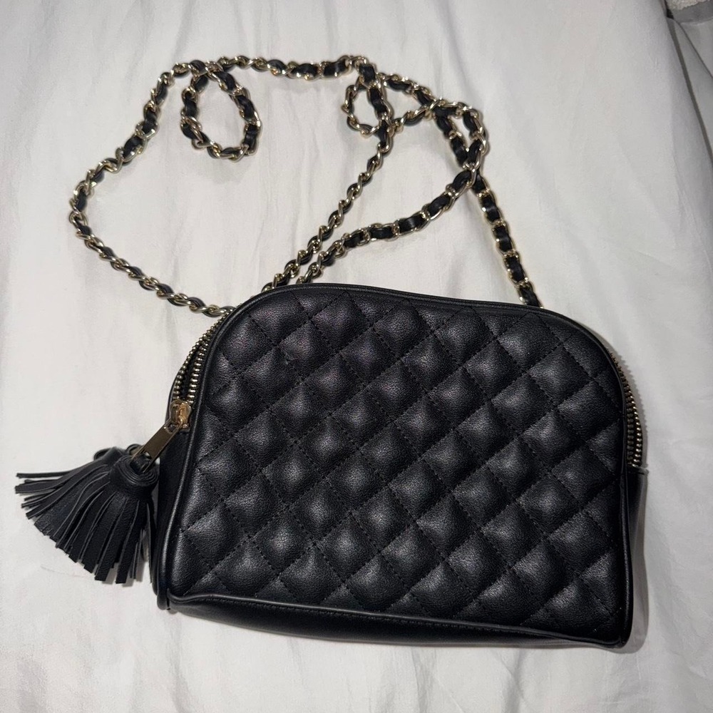 Forever 21 Quilted Crossbody Bag Black Gold Chain Tassel Double Zip Camera Bag